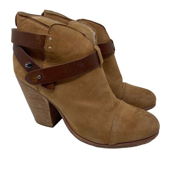 Rag & Bone Harrow Booties Leather Suede Ankle Boot Brown Women's 8 Stacked Heel - Picture 1 of 10